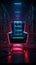 Dark room mystique A solitary chair illuminated by neon lights