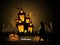 Dark, scary background with haunted castle, illuminated Jack-O-Lantern and yelling wolf for Halloween festival concept.