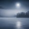 Dark scary landscape with a frozen lake a forest and full moon.