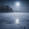 Dark scary landscape with a frozen lake a forest and full moon.