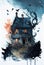 Dark scary scene with haunted house painted by watercolor by hand. Generative AI.