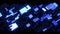 Dark science fiction blue background. Abstract looped 4k dark bg neon cubes light bulbs. Different sizes cubes network