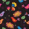 Dark seamless floral pattern with traditional bird