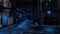 Dark seedy backstreet in a fantasy future cyberpunk city with moody blue tones. 3D illustration