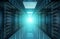 Dark servers data center room with bright halo light through the corridor 3D rendering