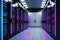 Dark servers data center room with computers and storage systems and purple blue glowing elements