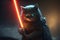 Dark side jedi cat holding red light saber illustration generative ai