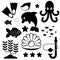 Dark silhouettes of different sea animals and marine objects on a white background