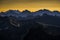 Dark silhouettes of the High tatras from the Mount Krivan at sunrise. Tatra Mountains, Slovakia