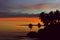 Dark silhouettes of palm trees and multicolored cloudy sky at sunset in the tropics on the beach.