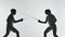 Dark silhouettes two athlete wearing helmets and white uniforms show masterful swordsmanship in their foil fight. They