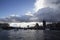 Dark skies over Westminster Bridge seen from the River Thames, London, England, February 12,