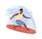 Dark skin male surfer standing on surfboard riding at wave vector flat illustration. Active guy practicing seasonal