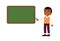 Dark skin male teacher standing near blackboard flat vector illustration. Smiling tutor pointing at blank chalkboard