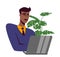 a dark-skinned adult mustachioed man in a tie and a sweater is typing on a laptop. Nearby is a plant. Vector