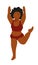 A dark skinned cheerful woman with black curly hair jumps