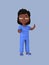 Dark-skinned female character in blue nursing assistant uniform. 3d rendering