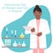 Dark-skinned female chemist with a folder. International Day of Women and Girls in Science. Illustration Flat style. Set of icons.