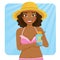 Dark skinned girl holding sunscreen