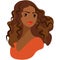 A dark-skinned young woman with lush brown hair. Illustrated vector portrait of a serious focused girl in an orange
