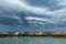 Dark sky with clouds before thunderstorm, weather background, Italy