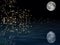 Dark sky with full moon and fireworks in sea reflection