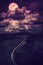 Dark sky with full moon and roadway through suburban zone.