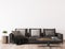 Dark sofa in minimal living room design, empty wall mockup, modern style