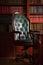 Dark solid interior of old library with many books on the wooden shelves. Vintage classic chair from green leather and red wood, a