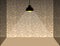 In a dark square room that is about to turn on the light and the lamp flashes several times and the light is on. See the room and