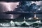 Dark Storm Clouds Gathering Over Turbulent Sea Waves: Lightning Streaking Across the Sky, Sailboat Battling Nature\\\'s Fury