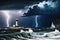Dark Storm Clouds Gathering Over Turbulent Sea Waves: Lightning Streaking Across the Sky, Sailboat Battling Nature\\\'s Fury