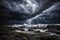 Dark stormy sky over a rocky seashore with a powerful waterfall