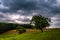 Dark stormy sky over trees and farm fields in York County