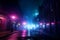 Dark street enveloped in neon reflections, searchlight beam, and smoky mist.