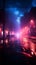 Dark street enveloped in neon reflections, searchlight beam, and smoky mist