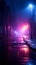 Dark street enveloped in neon reflections, searchlight beam, and smoky mist