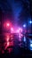 Dark street enveloped in neon reflections, searchlight beam, and smoky mist