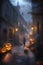 A dark street lit up with pumpkins and a man walking around, Generative AI