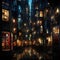 Dark street at night with lights and surreal architectural landscapes