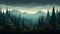 Dark Teal And Light Beige Mountain And Forest Landscape Illustration