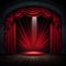 dark theater stage with red curtains and spotlight