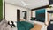 Dark Theme cozy bedroom interior with dressing table in teal green 3D rendering two point perspective