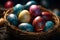 Dark themed setting with a basket of beautifully colored Easter eggs