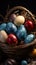 Dark themed setting with a basket of beautifully colored Easter eggs