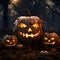 Dark three live glowing jack-o-lantern pumpkins in a dark forest, a Halloween image