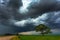 Dark thunderstorm clouds over the oak tree