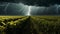 Dark thunderstorm over rural farm, electricity fuels nature dramatic power generated by AI