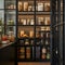 A dark-toned pantry with glass jars filled with dry goods, illuminated by warm interior lighting. It conveys the ideas