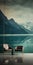 Dark Turquoise And Gray Anamorphic Art: A Captivating Wallpaper With Mountains And Lake